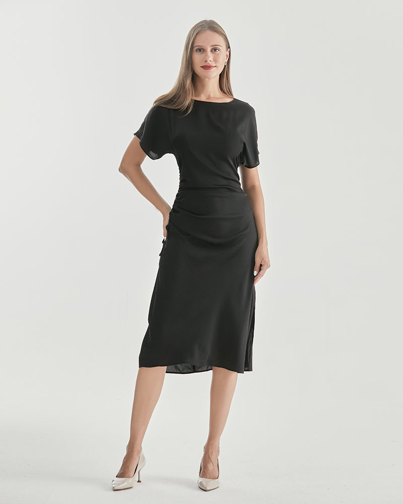 Robe en Soie à Manches Courtes Plissée Black