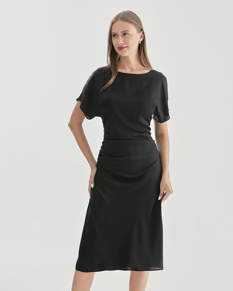 Robe en Soie à Manches Courtes Plissée Black