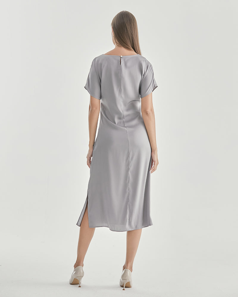 Robe en Soie à Manches Courtes Plissée Grey
