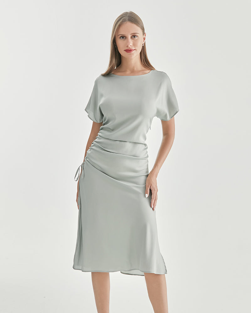 Robe en Soie à Manches Courtes Plissée Light Green