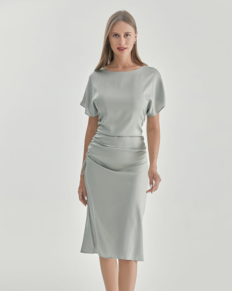 Robe en Soie à Manches Courtes Plissée Light Green