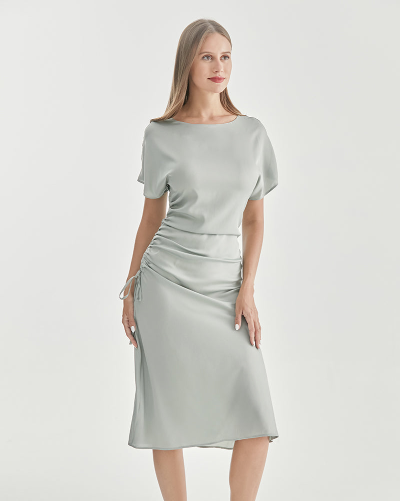Robe en Soie à Manches Courtes Plissée Light Green