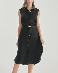Robe Chemise Sans Manches en Soie Ceinturée