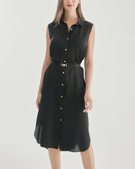 Robe Chemise Sans Manches en Soie Ceinturée