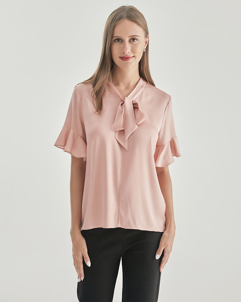 Blouse en Soie avec Col Nœud Papillon pour Femme