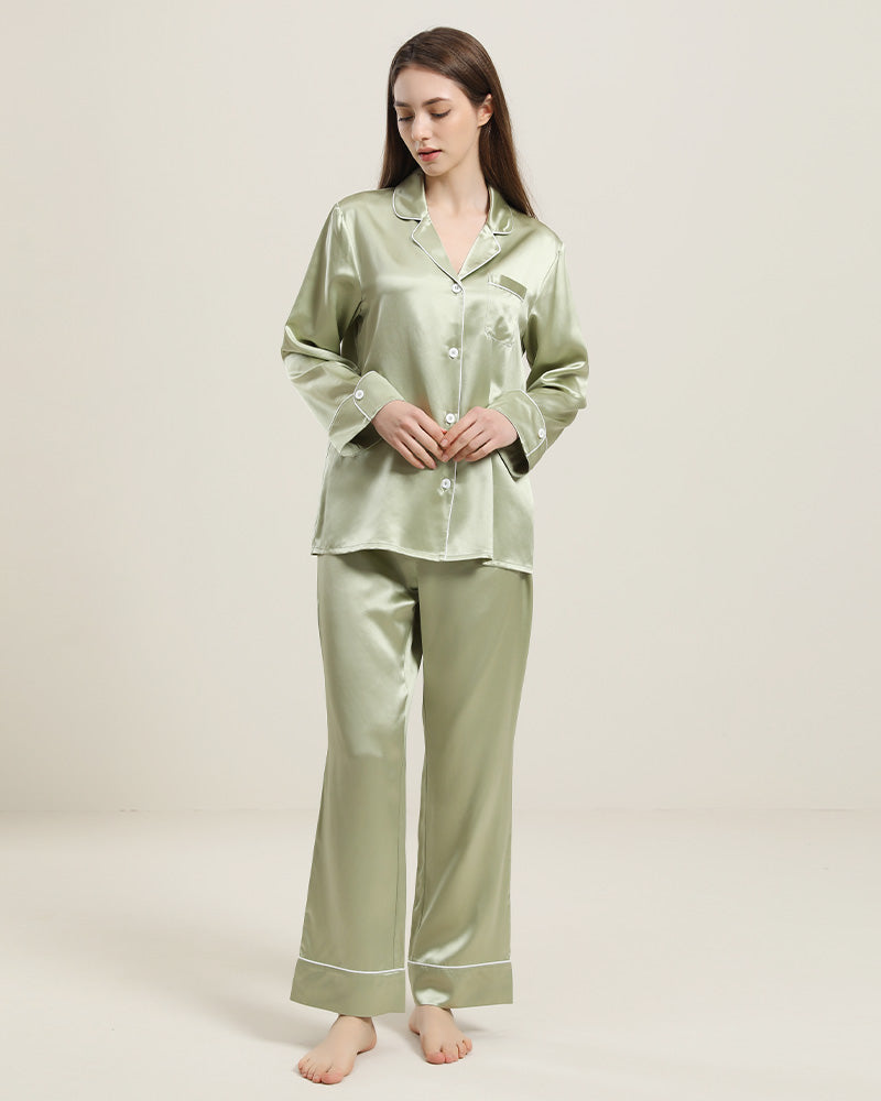 Ensemble de pyjama en soie classique 22Momme Avocado Green